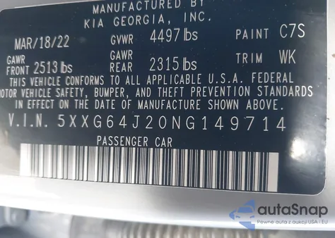 2022 Kia K5 Gt-Line из США, поврежденный, VIN 5XXG64J20NG149714